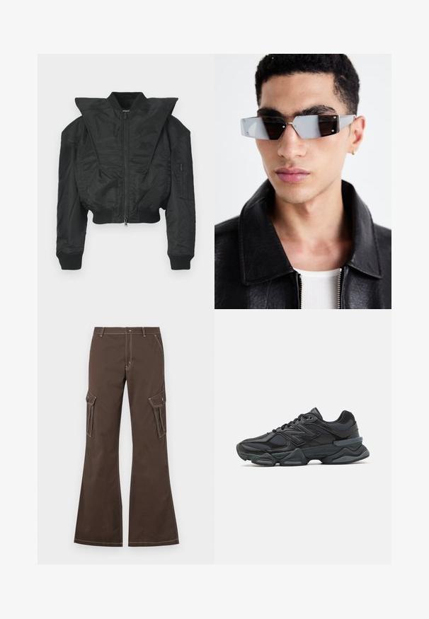 Black bomber jacket with a cropped design, wide collar, ribbed cuffs, and zippered side pocket. Made of smooth, lightweight fabric.; Black short-sleeve T-shirt made of cotton, featuring a round neckline and relaxed fit. Smooth texture with minimal stitching details.; Brown cargo pants with flared legs, featuring side pockets, white stitching accents, and a metal button closure.; Black running shoe featuring a mix of mesh and synthetic materials, chunky sole, curved design, and prominent branding on the side.; Angular gray-tinted sunglasses with silver hardware, set against a light background. The lenses feature a unique geometric shape.