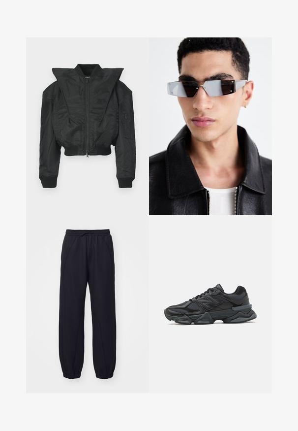 Mustapukuinen bomber-takki, jossa on lyhyt leikkaus, leveä kaulus, resorit hihansuissa ja vetoketjullinen sivutasku. Valmistettu sileästä, kevyestä kankaasta.; Lyhythihainen musta t-paita puuvillasta, jossa on pyöreä kaula-aukko ja rento mitoitus. Sileä pinta, jossa on vain vähän ommel yksityiskohtia.; Mustat collegehousut pehmeästä kankaasta, joissa on joustava vyötärö, kiristysnauha, lahkeiden käänteet ja koristeompeleet.; Musta juoksukenkä, jossa on yhdistelmä verkko- ja synteettisiä materiaaleja, paksu pohja, kaareva muotoilu ja näkyvä brändäys sivussa.; Kuluneet harmaan sävyiset aurinkolasit, joissa on hopeiset yksityiskohdat, vaaleaa taustaa vasten. Linssit ovat ainutlaatuisen geometrisen muotoiset.