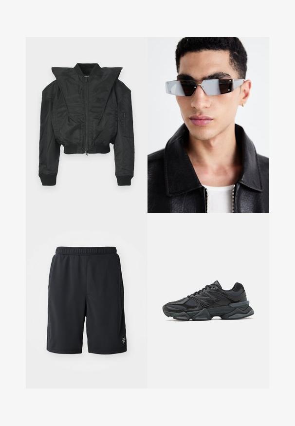 Jachetă bomber neagră cu design scurt, guler lat, manșete striate și buzunar lateral cu fermoar. Confecționată dintr-un material neted și ușor.; Tricou negru cu maneci scurte, fabricat din bumbac, având un decolteu rotund și o croială lejeră. Textură netedă cu detalii minime de cusătură.; Pantaloni scurți atletici negri, fabricați dintr-un material din plasă respirabil, cu un tiv elastic și un detaliu discret cu logo în partea dreaptă jos.; Pantofari de alergare negri, cu un amestec de plasă și materiale sintetice, talpă masivă, design curbat și branding proeminent pe lateral.; Ochelari de soare unghiulari cu nuanță gri, cu accesorii argintii, pe un fundal deschis. Lentilele au o formă geometrică unică.