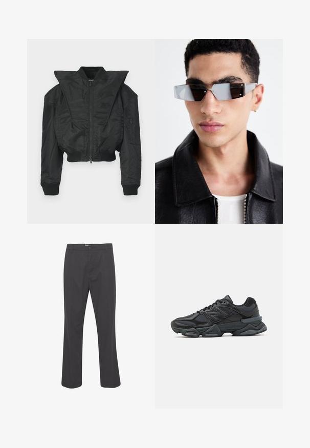 Crna bomber jakna s krojenim dizajnom, širokim ovratnikom, rebrastim manžetama i bočnim džepom sa zatvaračem. Izrađena od glatkog, laganog materijala.; Crna kratka majica s kratkim rukavima od pamuka, s okruglim izrezom i ležernim krojem. Glatka tekstura s minimalnim detaljima šivanja.; Crne hlače ravnog kroja, napravljene od tkanine. Imaju prednje zatvaranje na dugme i standardne petlje za pojas.; Crne trkačke tenisice izrađene od kombinacije mrežastih i sintetičkih materijala, s debelim potplatom, zakrivljenim dizajnom i istaknutim brendom sa strane.; Angular sunčane naočale sivo-smeškanih tonova sa srebrnim detaljima, postavljene na svijetloj pozadini. Stakla imaju jedinstven geometrijski oblik.
