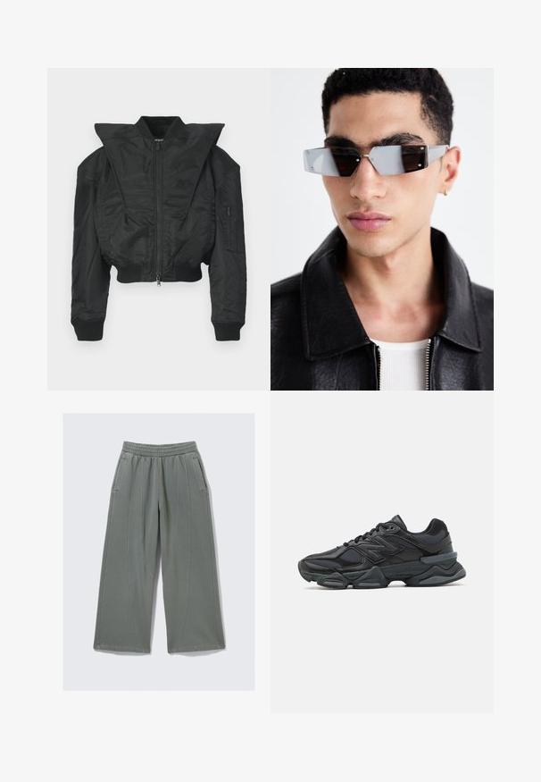 Zwarte bomberjas met een cropped ontwerp, brede kraag, geribbelde boorden en een ritssluiting aan de zijkant. Gemaakt van glad, lichtgewicht materiaal.; Zwarte T-shirt met korte mouwen, gemaakt van katoen, met een ronde halslijn en een ontspannen pasvorm. Gladde textuur met minimale stikdetails.; Lichtgrijze wijde broek van zacht materiaal, voorzien van een elastische tailleband en twee zijzakken, met zichtbare stikdetails.; Zwarte hardloopschoen met een mix van mesh en synthetische materialen, een stevige zool, gebogen ontwerp en prominente branding op de zijkant.; Hoekige, grijsgetinte zonnebril met zilveren accenten, tegen een lichte achtergrond. De lenzen hebben een unieke geometrische vorm.