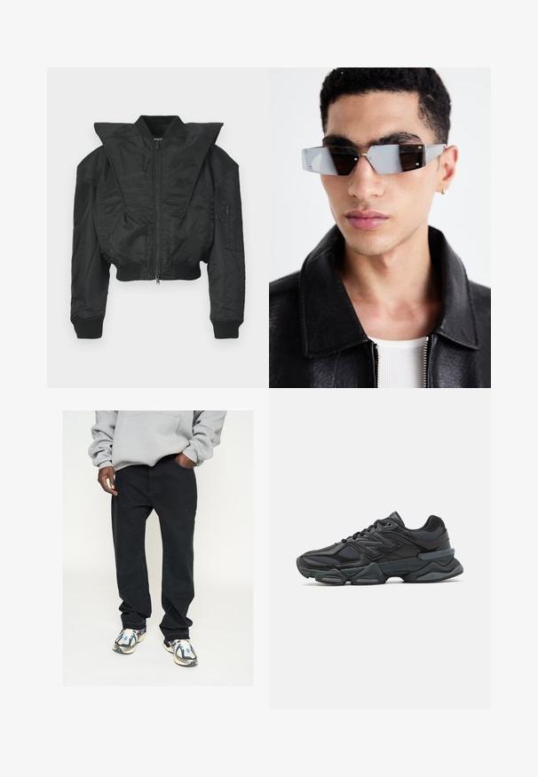 Giacca bomber nera con design corto, collo ampio, polsini a coste e tasca laterale con zip. Realizzata in tessuto liscio e leggero.; T-shirt nero a maniche corte in cotone, con scollatura rotonda e vestibilità comoda. Texture liscia con dettagli di cucitura minimi.; Pantaloni in denim nero con taglio dritto, abbinati a una felpa con cappuccio grigia chiara. Accentuati da sneakers moderne con dettagli blu.; Scarpa da corsa nera con una combinazione di materiali in rete e sintetici, suola spessa, design curvo e marchio ben visibile sul lato.; Occhiali da sole angolari con tonalità grigia e hardware in argento, su uno sfondo chiaro. Le lenti presentano una forma geometrica unica.