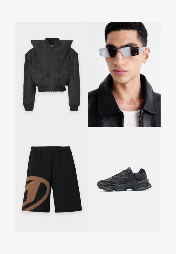 Zwarte bomberjas met een cropped ontwerp, brede kraag, geribbelde boorden en een ritssluiting aan de zijkant. Gemaakt van glad, lichtgewicht materiaal.; Zwarte T-shirt met korte mouwen, gemaakt van katoen, met een ronde halslijn en een ontspannen pasvorm. Gladde textuur met minimale stikdetails.; Zwarte shorts met elastische taille, voorzien van een groot bruin abstract ontwerp op het linkerbeen en zijzakken.; Zwarte hardloopschoen met een mix van mesh en synthetische materialen, een stevige zool, gebogen ontwerp en prominente branding op de zijkant.; Hoekige, grijsgetinte zonnebril met zilveren accenten, tegen een lichte achtergrond. De lenzen hebben een unieke geometrische vorm.