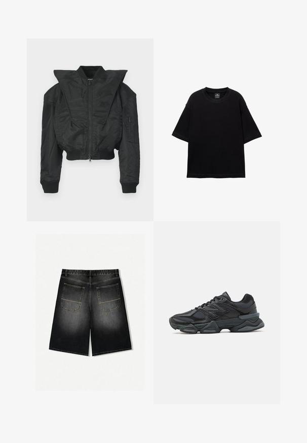 Čierna bomber bunda s krátkym strihom, širokým golierom, rebrovanými manžetami a zipsovou bočnou vreckom. Vyrobená z hladkej, ľahkej látky.; Čierne krátke tričko s krátkym rukávom vyrobené z bavlny, s obojstranným výstrihom a voľným strihom. Hladká textúra s minimálnymi švovými detailmi.; Džínové šortky v čiernom gradientu, s voľným strihom, dvoma zadnými vreckami so žltým šitím a rovnou nohavicou končiacou v strede stehna.; Čierna bežecká obuv so zmesou sieťoviny a syntetických materiálov, robustnou podrážkou, zakriveným dizajnom a výrazným logom na boku.