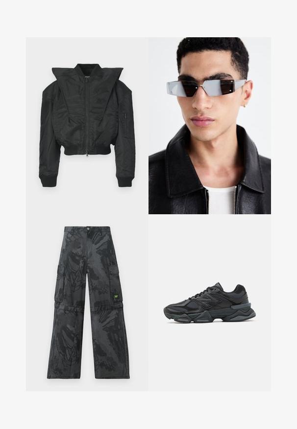 Černá bomber bunda s krátkým střihem, širokým límcem, žebrovanými manžetami a kapsou na zip na boku. Vyrobena z hladké, lehké tkaniny.; Černé tričko s krátkým rukávem vyrobené z bavlny, s kulatým výstřihem a volným střihem. Hladká textura s minimálními švy.; Černé cargo kalhoty s texturovaným tmavým vzorem. Díky několika bočním kapsám a malému zelenému logu na přední straně.; Černá běžecká bota s kombinací síťoviny a syntetických materiálů, masivní podešev, zakřivený design a výrazné logo na boku.; Avenované sluneční brýle se šedým nádechem a stříbrnými doplňky, umístěné na světlém pozadí. Skla mají jedinečný geometrický tvar.