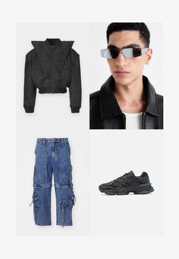 Fekete bombázó dzseki rövidített szabással, széles gallérral, bordázott mandzsettákkal és cipzáras oldalzsebbel. Simább, könnyű anyagból készült.; Fekete, rövid ujjú pamut póló, kerek nyakú és laza szabású. Simaság jellemzi, minimális varrási részletekkel.; Kék farmer cargo nadrág több zsebbel, húzózsinóros díszítéssel és bő szabással. Fakó textúrával és gombos zárással rendelkezik.; Fekete futócipő, mely háló és szintetikus anyagok keverékéből készült, vastag talppal, ívelt kialakítással és hangsúlyos logóval az oldalon.; Szögletes, szürke árnyalatú napszemüveg ezüst díszítéssel, világos háttér előtt. A lencsék egyedi geometrikus formával rendelkeznek.
