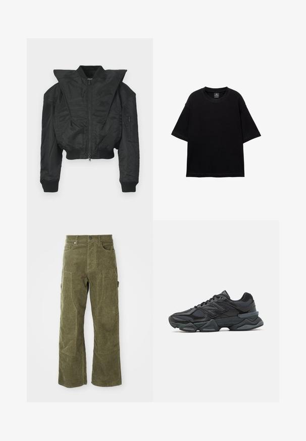 Jachetă bomber neagră cu design scurt, guler lat, manșete striate și buzunar lateral cu fermoar. Confecționată dintr-un material neted și ușor.; Tricou negru cu maneci scurte, fabricat din bumbac, având un decolteu rotund și o croială lejeră. Textură netedă cu detalii minime de cusătură.; Pantaloni din velur de culoare verde măsliniu, cu buzunare frontale și laterale, panouri întărite la genunchi și închidere cu nasture și fermoar.; Pantofari de alergare negri, cu un amestec de plasă și materiale sintetice, talpă masivă, design curbat și branding proeminent pe lateral.