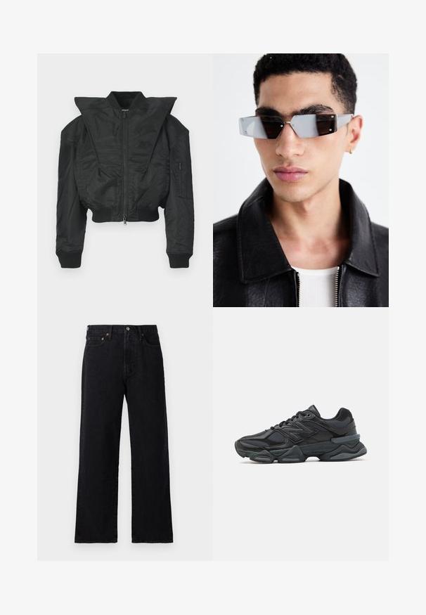 Sort bomberjakke med cropped design, bred krave, ribbet manchetter og lynlåslomme på siden. Fremstillet af glat, let stof.; Sort kortærmet T-shirt lavet af bomuld med rund hals og afslappet pasform. Glat tekstur med minimale syningsdetaljer.; Sorte denimjeans med lige ben, fem lommer, kobber hardwaredetaljer og et minimalistisk design med en let tekstureret overflade.; Sorte løbesko med en blanding af mesh og syntetiske materialer, kraftig sål, buet design og fremtrædende branding på siden.; Vinkelformede gråtonede solbriller med sølvhardware, sat mod en lys baggrund. Linsen har en unik geometrisk form.