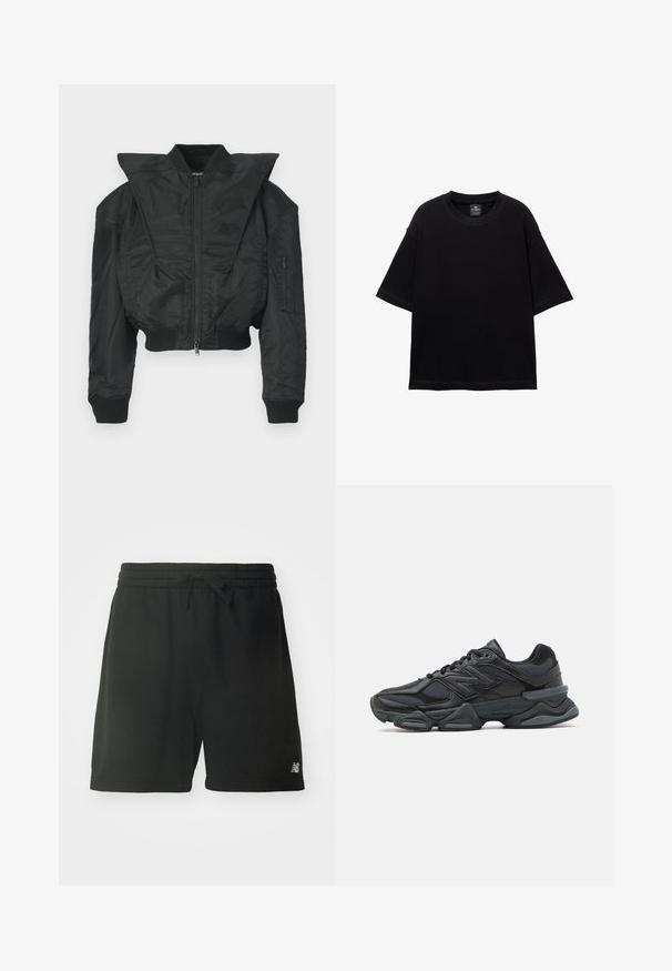Černá bomber bunda s krátkým střihem, širokým límcem, žebrovanými manžetami a kapsou na zip na boku. Vyrobena z hladké, lehké tkaniny.; Černé tričko s krátkým rukávem vyrobené z bavlny, s kulatým výstřihem a volným střihem. Hladká textura s minimálními švy.; Černé sportovní šortky z bavlny s elastickým pasem, nastavitelným stahováním a logem na dolní části levé nohavice. Hladká textura.; Černá běžecká bota s kombinací síťoviny a syntetických materiálů, masivní podešev, zakřivený design a výrazné logo na boku.