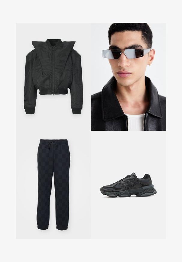Čierna bomber bunda s krátkym strihom, širokým golierom, rebrovanými manžetami a zipsovou bočnou vreckom. Vyrobená z hladkej, ľahkej látky.; Čierne krátke tričko s krátkym rukávom vyrobené z bavlny, s obojstranným výstrihom a voľným strihom. Hladká textúra s minimálnymi švovými detailmi.; HUGO NORLIRY - Tepláky - black; Čierna bežecká obuv so zmesou sieťoviny a syntetických materiálov, robustnou podrážkou, zakriveným dizajnom a výrazným logom na boku.; Uhly šedé slnečné okuliare s striebornými prvkami na svetlom pozadí. Šošovky majú jedinečný geometrický tvar.
