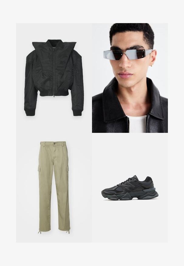 Svart bomberjacka med kort design, bred krage, ribbade muddar och blixtlåsförsedd sidoficka. Tillverkad av slät, lätt tyg.; Svart kortärmad T-shirt i bomull med rund halsringning och avslappnad passform. Slät textur med minimala sömnadsdetaljer.; Kaki cargobyxor i bomull, med elastisk midja, två sidofickor och dragsko vid anklarna.; Svart löparsko med en kombination av mesh och syntetiska material, kraftig sula, rundad design och framträdande varumärkning på sidan.; Vinklade gråtonade solglasögon med silverdetaljer, på en ljus bakgrund. Linserna har en unik geometrisk form.