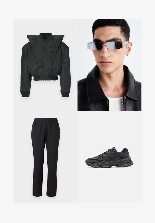 Črna bombažna jakna s krajšim krojem, širokim ovratnikom, rebrastimi manšetami in žepom na zadrgo na strani. Iz gladkega, lahkega blaga.; Črno kratko majico s kratkimi rokavi iz bombaža, z okroglo ovratnico in sproščenim krojem. Gladka tekstura z minimalnimi detajli šivanja.; Črne, lahke hlače z elastičnim pasom, naravnega kroja z ravnimi nogavicami in teksturirano tkanino, brez vidnih zaponk ali žepov.; Črne tekaške superge, ki združujejo mrežaste in sintetične materiale, imajo debel podplat, ukrivljen oblikovni slog ter izrazito blagovno znamko na strani.; Angularne sončne očala s sivim tonom in srebrnim okovjem, postavljena na svetli podlagi. Leče imajo edinstveno geometrijsko obliko.