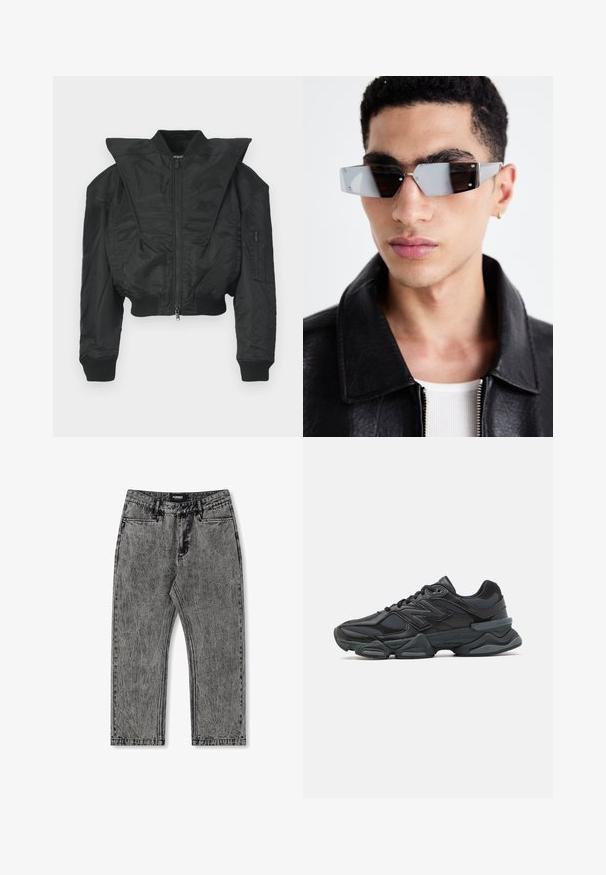 Črna bombažna jakna s krajšim krojem, širokim ovratnikom, rebrastimi manšetami in žepom na zadrgo na strani. Iz gladkega, lahkega blaga.; Črno kratko majico s kratkimi rokavi iz bombaža, z okroglo ovratnico in sproščenim krojem. Gladka tekstura z minimalnimi detajli šivanja.; Sive spodnje hlače iz denima z uničenim videzom, ravnimi nogavicami in petimi žepi. Na pasu je oznaka z napisom "FORMER".; Črne tekaške superge, ki združujejo mrežaste in sintetične materiale, imajo debel podplat, ukrivljen oblikovni slog ter izrazito blagovno znamko na strani.; Angularne sončne očala s sivim tonom in srebrnim okovjem, postavljena na svetli podlagi. Leče imajo edinstveno geometrijsko obliko.