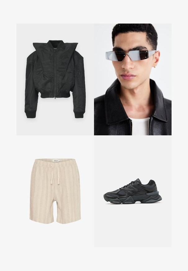 Svart bomberjacka med kort design, bred krage, ribbade muddar och blixtlåsförsedd sidoficka. Tillverkad av slät, lätt tyg.; Svart kortärmad T-shirt i bomull med rund halsringning och avslappnad passform. Slät textur med minimala sömnadsdetaljer.; Beige bomullsshorts med vertikala ränder, elastisk midja, snörning och sidofickor. Mjuk struktur och avslappnad design.; Svart löparsko med en kombination av mesh och syntetiska material, kraftig sula, rundad design och framträdande varumärkning på sidan.; Vinklade gråtonade solglasögon med silverdetaljer, på en ljus bakgrund. Linserna har en unik geometrisk form.