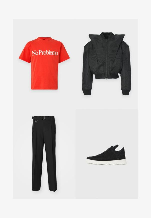 Černá bomber bunda s krátkým střihem, širokým límcem, žebrovanými manžetami a kapsou na zip na boku. Vyrobena z hladké, lehké tkaniny.; Červené bavlněné tričko s krátkými rukávy a kulatým výstřihem. Na hrudi má výrazný bílý nápis "No Problemo". Hladká textura.; Études LOOSE SUIT PANT - Oblekové kalhoty - black; Černé semišové tenisky s bílou gumovou podrážkou, s tónovým prošitím a šněrováním. Hladký povrch s moderním, aerodynamickým tvarem.