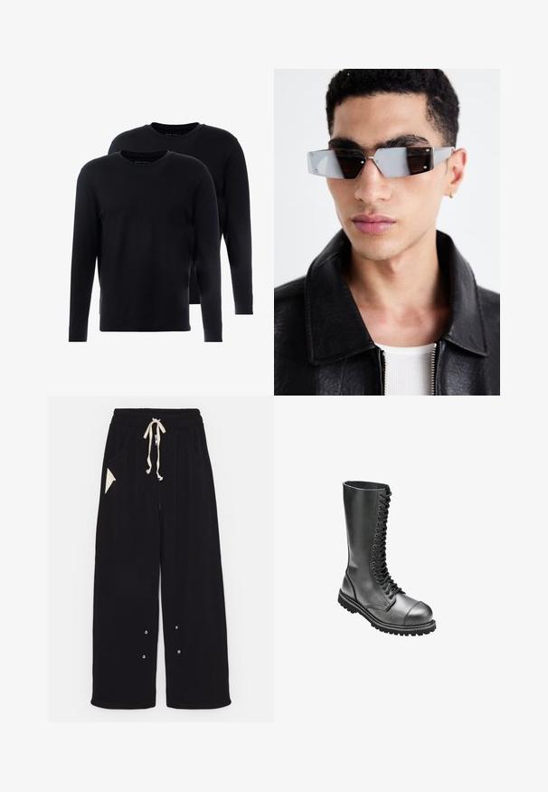 Czarna kurtka bomberka o skróconym kroju, szerokim kołnierzu, ściągaczowych mankietach i zapinana na zamek kieszeń boczna. Wykonana z gładkiej, lekkiej tkaniny.; Czarne t-shirty z długim rękawem, wykonane z miękkiej bawełny. Okrągły dekolt, minimalistyczny design i regularny krój. Dwa t-shirty w opakowaniu.; Czarne spodnie w szerokim kroju wykonane z miękkiej tkaniny, z elastycznym pasem na sznurek, bocznymi kieszeniami oraz trójkątną kieszonką akcentującą. Zawierają elementy ze srebrnego metalowego wykończenia.; Czarne skórzane botki wojskowe na sznurówki z wysoką cholewką, okrągłym noskiem, wyprofilowanym kołnierzem oraz teksturowaną gumową podeszwą zapewniającą lepszą przyczepność.; Kątowe, szare okulary przeciwsłoneczne z metalowymi elementami w kolorze srebrnym, na jasnym tle. Soczewki mają unikalny, geometryczny kształt.