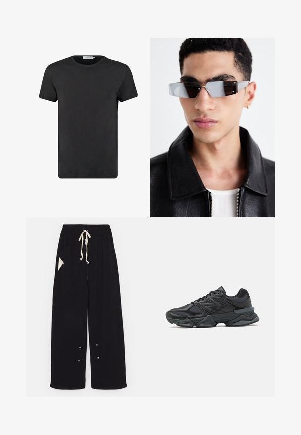 Sort bomberjakke med cropped design, bred krave, ribbet manchetter og lynlåslomme på siden. Fremstillet af glat, let stof.; Sort bomulds T-shirt med rund halsudskæring og korte ærmer. Stoffet har en glat tekstur og ingen mønstre eller detaljer. Normal pasform.; Sorte bredde ben bukser lavet af blødt stof med snoreliv, sidelommer og en trekantet accentlomme. Sølv hardware detaljer inkluderet.; Sorte løbesko med en blanding af mesh og syntetiske materialer, kraftig sål, buet design og fremtrædende branding på siden.; Vinkelformede gråtonede solbriller med sølvhardware, sat mod en lys baggrund. Linsen har en unik geometrisk form.
