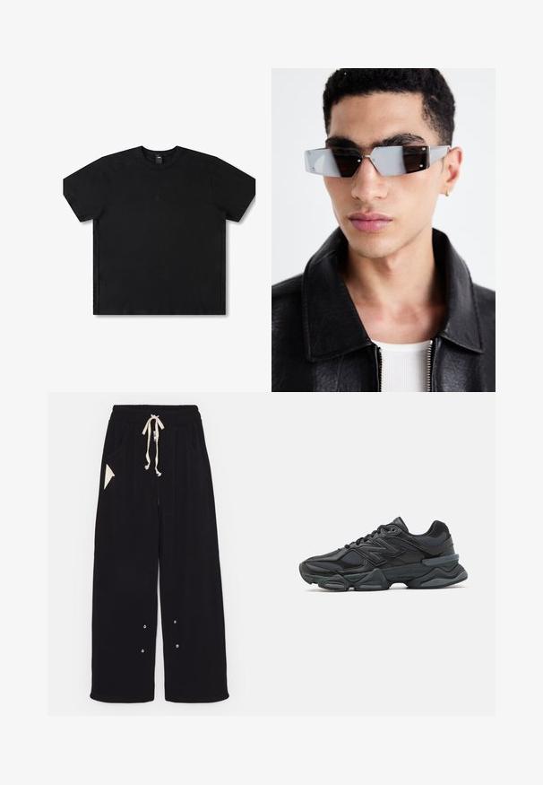 Černá bomber bunda s krátkým střihem, širokým límcem, žebrovanými manžetami a kapsou na zip na boku. Vyrobena z hladké, lehké tkaniny.; Černé tričko s krátkým rukávem vyrobené z bavlny, s kulatým výstřihem, představující decentní logo ve středu a uvolněný střih.; Černé široké kalhoty vyrobené z měkké tkaniny, které mají stahovací pas, boční kapsy a trojúhelníkovou kapsu. Součástí jsou detaily ze stříbrného kovu.; Černá běžecká bota s kombinací síťoviny a syntetických materiálů, masivní podešev, zakřivený design a výrazné logo na boku.; Avenované sluneční brýle se šedým nádechem a stříbrnými doplňky, umístěné na světlém pozadí. Skla mají jedinečný geometrický tvar.
