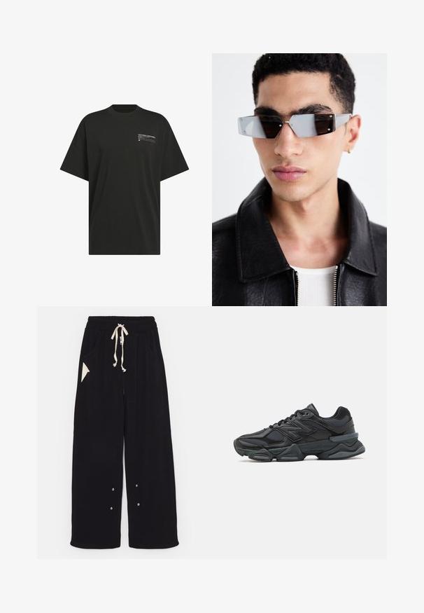 Melna bombers žaka ar īsu dizainu, platu apkakli, ribotiem manžetiem un sānu kabatu ar rāvējslēdzēju. Izgatavota no gludas, vieglas auduma.; Melna, īsroku kokvilnas T-krekls. Kreisajā krūšu daļā neliels balts grafisks zīmējums. Klasisks taisna piegriezuma dizains.; Melni plati bikses, izgatavotas no mīksta auduma, ar aukliņu viduklī, sānu kabatām un trīsstūrveida akcenta kabatu. Iekļautas sudraba detaļas.; Melna skriešanas apavi ar jauktu acu audumu un sintētiskiem materiāliem, masīvu zoli, izliekta dizaina elementiem un izteiktu zīmola logotipu uz sāniem.; Stūrainas pelēkā toņa saulesbrilles ar sudraba detaļām, novietotas uz gaiša fona. Lēcas ir ar unikālu ģeometrisku formu.