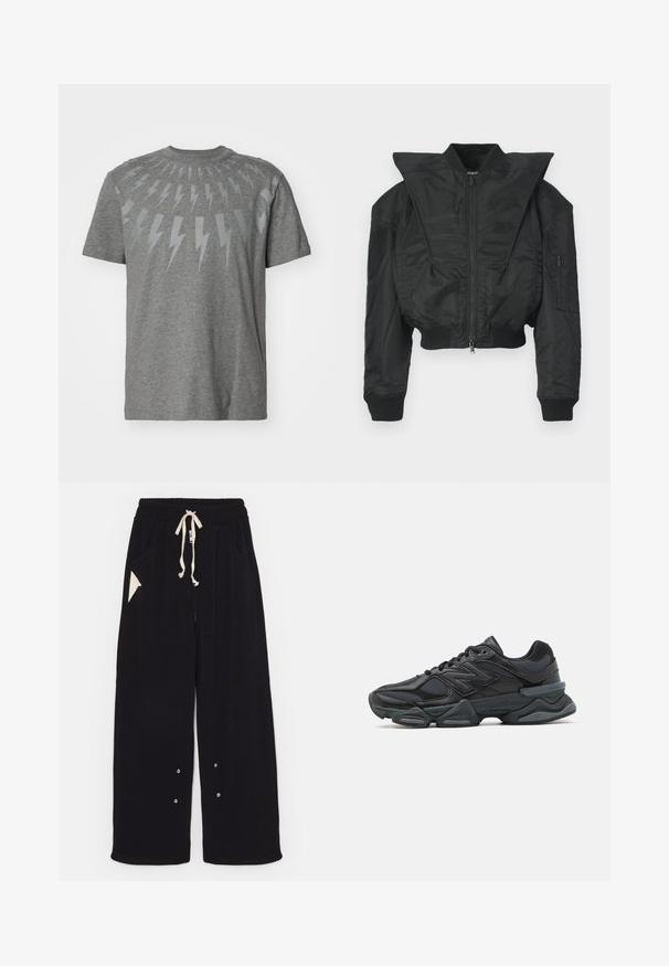 Melna bombers žaka ar īsu dizainu, platu apkakli, ribotiem manžetiem un sānu kabatu ar rāvējslēdzēju. Izgatavota no gludas, vieglas auduma.; Pelēka kokvilnas t-kreklu ar grafisko dizainu, kurā gaiši pelēki zibens izsisti ir sakārtoti apļa formā ap apkakli.; Melni plati bikses, izgatavotas no mīksta auduma, ar aukliņu viduklī, sānu kabatām un trīsstūrveida akcenta kabatu. Iekļautas sudraba detaļas.; Melna skriešanas apavi ar jauktu acu audumu un sintētiskiem materiāliem, masīvu zoli, izliekta dizaina elementiem un izteiktu zīmola logotipu uz sāniem.