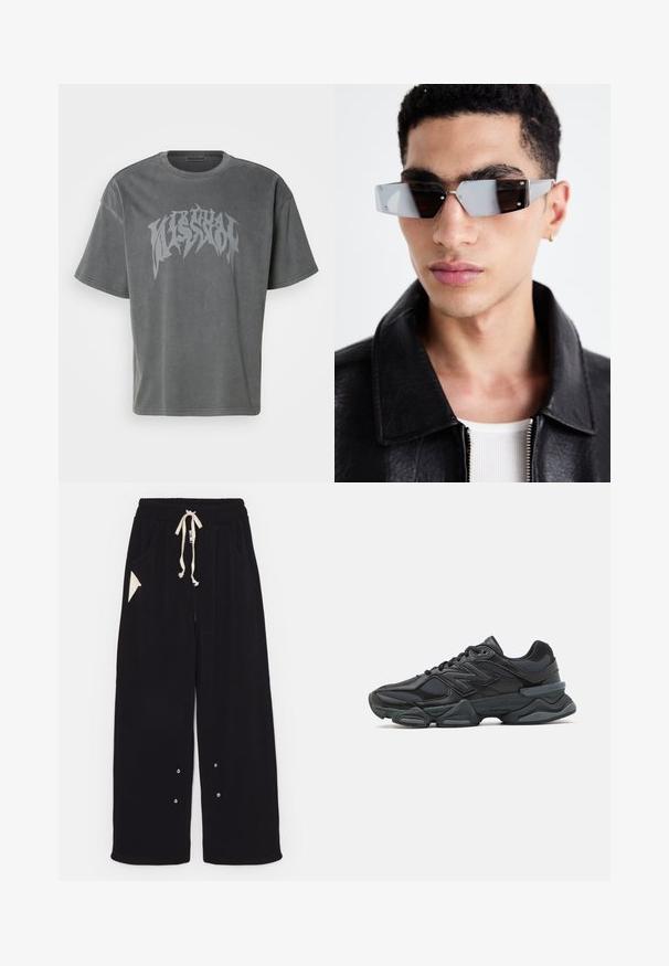 Črna bombažna jakna s krajšim krojem, širokim ovratnikom, rebrastimi manšetami in žepom na zadrgo na strani. Iz gladkega, lahkega blaga.; Siva prevelika majica s kratkimi rokavi, izdelana iz mehkega bombaža, z drznim, teksturiranim grafičnim tiskom v temnejši sivi na sprednji strani.; Črne široke hlače iz mehkega blaga z elastičnim pasom na vrvico, stranskimi žepi in trikotnim dodatnim žepom. Vključeni so srebrni detajli.; Črne tekaške superge, ki združujejo mrežaste in sintetične materiale, imajo debel podplat, ukrivljen oblikovni slog ter izrazito blagovno znamko na strani.; Angularne sončne očala s sivim tonom in srebrnim okovjem, postavljena na svetli podlagi. Leče imajo edinstveno geometrijsko obliko.