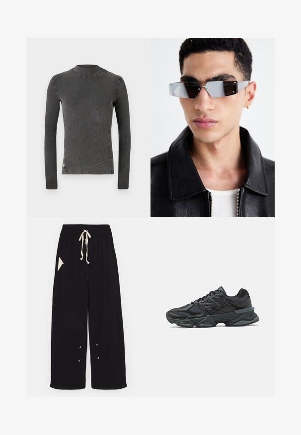 Schwarze Bomberjacke mit kurzem Schnitt, weitem Kragen, gerippten Bündchen und seitlicher Reißverschlusstasche. Hergestellt aus glattem, leichtem Stoff.; Graues Langarmshirt mit hohem Kragen. Aus geripptem Stoff gefertigt, mit sichtbaren Nähten entlang der Nähte. Einfaches Design, keine Muster.; Schwarze weite Hose aus weichem Stoff mit einem Tunnelzugbund, Seitentaschen und einer dreieckigen Akzenttasche. Silberne Hardware-Details sind enthalten.; Schwarzer Laufschuh mit einer Mischung aus Mesh- und sinthetischen Materialien, dicke Sohle, geschwungenes Design und auffälliger Markenkennzeichnung an der Seite.; Eckige, grau getönte Sonnenbrillen mit silberner Hardware, vor einem hellen Hintergrund. Die Gläser weisen eine einzigartige geometrische Form auf.