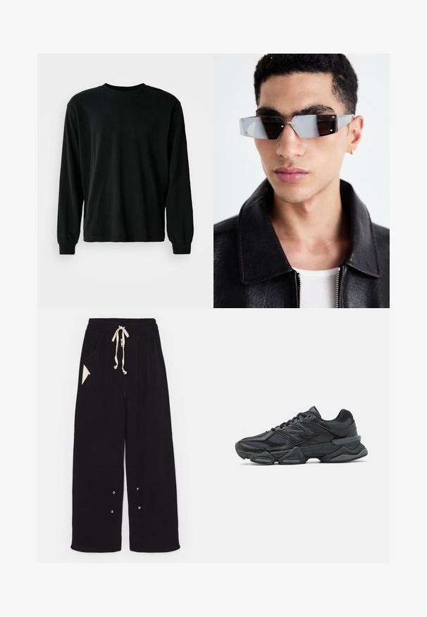 Jachetă bomber neagră cu design scurt, guler lat, manșete striate și buzunar lateral cu fermoar. Confecționată dintr-un material neted și ușor.; Cămașă neagră cu mânecă lungă din bumbac, cu guler rotund, croială lejeră și manșete strânse, având o textură netedă și fără modele vizibile.; Pantaloni negri evazați dintr-un material moale, cu talie ajustabilă cu șnur, buzunare laterale și un buzunar accent triunghiular. Detalii din metal argintiu incluse.; Pantofari de alergare negri, cu un amestec de plasă și materiale sintetice, talpă masivă, design curbat și branding proeminent pe lateral.; Ochelari de soare unghiulari cu nuanță gri, cu accesorii argintii, pe un fundal deschis. Lentilele au o formă geometrică unică.