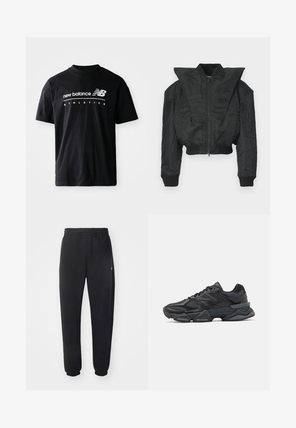 Casaco bomber preto com design cropped, gola larga, punhos canelados e bolso lateral com fecho éclair. Feito de tecido liso e leve.; T-shirt de algodão preto com gola redonda, mangas curtas e gráficos de texto em branco com "new balance" e "ATHLETICS" na frente.; Calças de treino pretas feitas de material suave, com cintura elástica, cordão e punhos ajustados, apresentando um logótipo discreto na lateral.; Sapato de corrida preto com uma combinação de malha e materiais sintéticos, sola robusta, design curvado e uma marca de destaque na lateral.