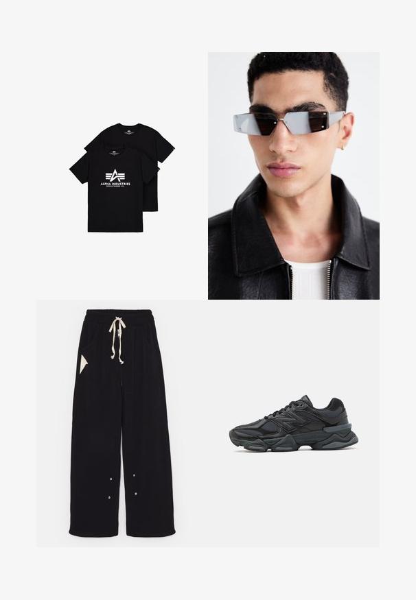 Jachetă bomber neagră cu design scurt, guler lat, manșete striate și buzunar lateral cu fermoar. Confecționată dintr-un material neted și ușor.; Tricouri din bumbac negru cu un logo alb ce conține litera "A" și trei dungi dedesubt. Cu gât rotund și mâneci scurte, prezentate în poziție încrucișată.; Pantaloni negri evazați dintr-un material moale, cu talie ajustabilă cu șnur, buzunare laterale și un buzunar accent triunghiular. Detalii din metal argintiu incluse.; Pantofari de alergare negri, cu un amestec de plasă și materiale sintetice, talpă masivă, design curbat și branding proeminent pe lateral.; Ochelari de soare unghiulari cu nuanță gri, cu accesorii argintii, pe un fundal deschis. Lentilele au o formă geometrică unică.