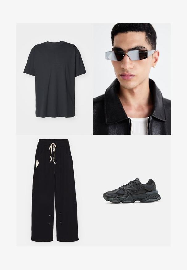 Fekete bombázó dzseki rövidített szabással, széles gallérral, bordázott mandzsettákkal és cipzáras oldalzsebbel. Simább, könnyű anyagból készült.; Fekete pamut póló rövid ujjakkal, kerek nyakkivágással, laza szabással és simaTextúrával. Nincs látható minta vagy további részlet.; Fekete, bő szárú nadrág puha anyagból, húzózsinórral a deréknál, oldalsó zsebekkel és háromszög alakú díszítőzsebbel. Ezüst hardware részletek.; Fekete futócipő, mely háló és szintetikus anyagok keverékéből készült, vastag talppal, ívelt kialakítással és hangsúlyos logóval az oldalon.; Szögletes, szürke árnyalatú napszemüveg ezüst díszítéssel, világos háttér előtt. A lencsék egyedi geometrikus formával rendelkeznek.