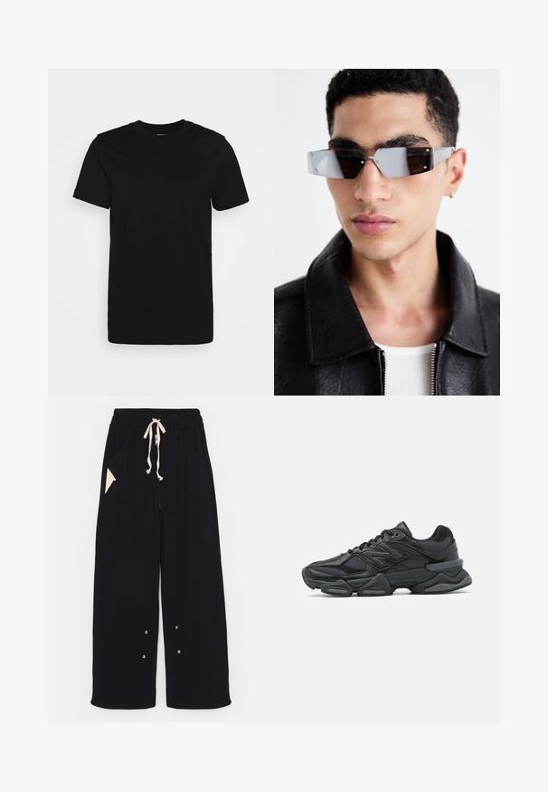 Giacca bomber nera con design corto, collo ampio, polsini a coste e tasca laterale con zip. Realizzata in tessuto liscio e leggero.; T-shirt nera a maniche corte realizzata in cotone morbido, con scollo rotondo e un design semplice senza motivi o accenti.; Pantaloni neri a gamba larga realizzati in un morbido tessuto, con vita regolabile tramite cordino, tasche laterali e una tasca accentuata triangolare. Include dettagli in hardware argentato.; Scarpa da corsa nera con una combinazione di materiali in rete e sintetici, suola spessa, design curvo e marchio ben visibile sul lato.; Occhiali da sole angolari con tonalità grigia e hardware in argento, su uno sfondo chiaro. Le lenti presentano una forma geometrica unica.
