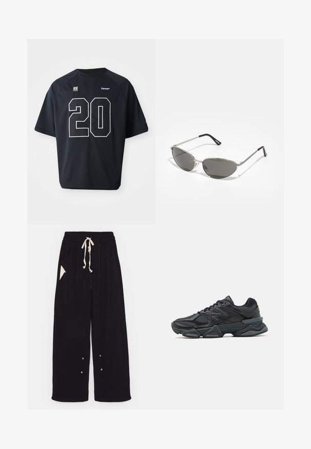 Fekete bombázó dzseki rövidített szabással, széles gallérral, bordázott mandzsettákkal és cipzáras oldalzsebbel. Simább, könnyű anyagból készült.; Fekete hálós sportpóló, amelynek elején egy nagy fehér "20"-as szám található. Rövid ujjú és kerek nyakú, logós részletekkel.; Fekete, bő szárú nadrág puha anyagból, húzózsinórral a deréknál, oldalsó zsebekkel és háromszög alakú díszítőzsebbel. Ezüst hardware részletek.; Fekete futócipő, mely háló és szintetikus anyagok keverékéből készült, vastag talppal, ívelt kialakítással és hangsúlyos logóval az oldalon.; Sötétített lencsékkel rendelkező napszemüveg, elegáns, ezüst színű fém vázzal, aerodinamikus kialakítással, hegyes szélekkel és vékony szárakkal.