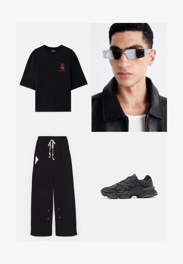 Černá bomber bunda s krátkým střihem, širokým límcem, žebrovanými manžetami a kapsou na zip na boku. Vyrobena z hladké, lehké tkaniny.; Černé bavlněné tričko s volným střihem. Na přední straně má grafiku červeného hada a text. Krátké rukávy a kulatý výstřih.; Černé široké kalhoty vyrobené z měkké tkaniny, které mají stahovací pas, boční kapsy a trojúhelníkovou kapsu. Součástí jsou detaily ze stříbrného kovu.; Černá běžecká bota s kombinací síťoviny a syntetických materiálů, masivní podešev, zakřivený design a výrazné logo na boku.; Avenované sluneční brýle se šedým nádechem a stříbrnými doplňky, umístěné na světlém pozadí. Skla mají jedinečný geometrický tvar.