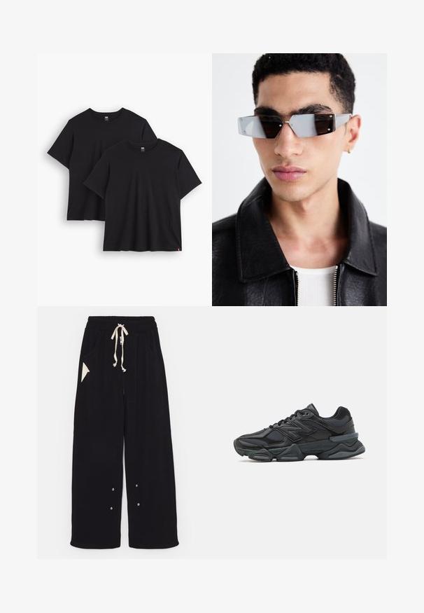 Melna bombers žaka ar īsu dizainu, platu apkakli, ribotiem manžetiem un sānu kabatu ar rāvējslēdzēju. Izgatavota no gludas, vieglas auduma.; Divas divas melnas kokvilnas t-krekli ar īsām piedurknēm, apaļām kakla izgriezumiem un brīvu piegriezumu. Katram ir neliela auduma birka apakšmalā.; Melni plati bikses, izgatavotas no mīksta auduma, ar aukliņu viduklī, sānu kabatām un trīsstūrveida akcenta kabatu. Iekļautas sudraba detaļas.; Melna skriešanas apavi ar jauktu acu audumu un sintētiskiem materiāliem, masīvu zoli, izliekta dizaina elementiem un izteiktu zīmola logotipu uz sāniem.; Stūrainas pelēkā toņa saulesbrilles ar sudraba detaļām, novietotas uz gaiša fona. Lēcas ir ar unikālu ģeometrisku formu.