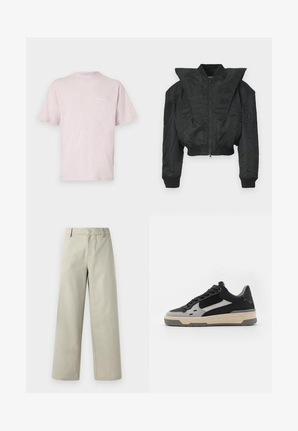 Černá bomber bunda s krátkým střihem, širokým límcem, žebrovanými manžetami a kapsou na zip na boku. Vyrobena z hladké, lehké tkaniny.; Světle růžové bavlněné tričko s krátkými rukávy, kulatým výstřihem a bílým nápisem "NoProblemo" potištěným na přední straně.; Han Kjøbenhavn WIDE LEG - Kalhoty - light grey; Tenisky s černými a šedými panely, texturovanou síťovinou, hladkou kůží a krémovou gumovou podrážkou s minimalistickým designem.