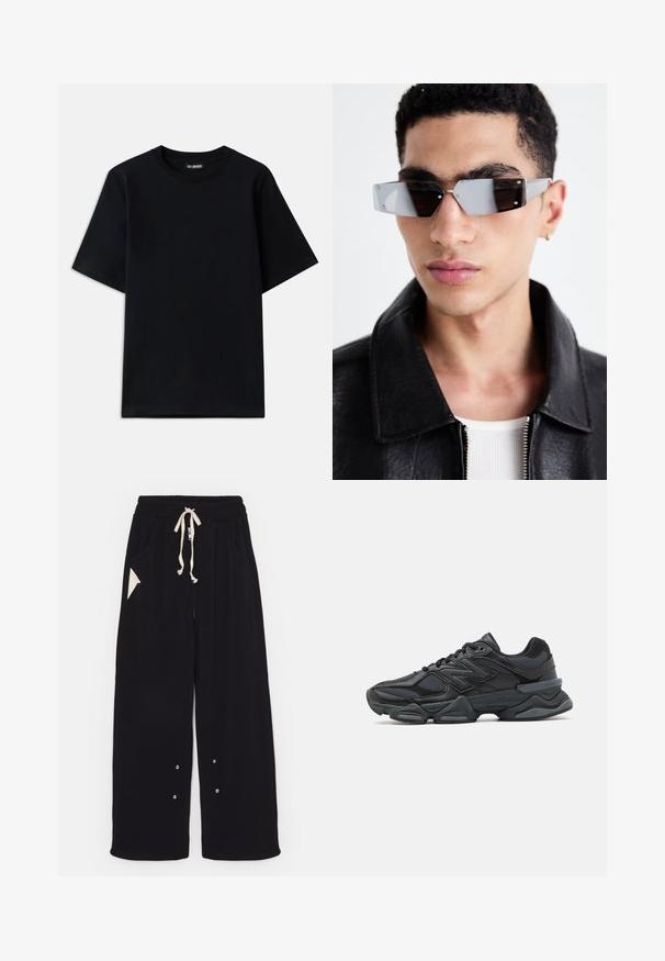 Mustapukuinen bomber-takki, jossa on lyhyt leikkaus, leveä kaulus, resorit hihansuissa ja vetoketjullinen sivutasku. Valmistettu sileästä, kevyestä kankaasta.; Musta puuvillapaita, jossa on pyöreä kaula-aukko ja lyhyet hihat. Vasen rintatasku on koristeltu hillityllä logopistolla. Tasainen ja sileä pinta.; Mustat leveälahkeiset housut pehmeästä kankaasta, joissa on naru vyötäröllä, sivutaskut ja kolmionmuotoinen korostustasku. Mukana hopeiset yksityiskohdat.; Musta juoksukenkä, jossa on yhdistelmä verkko- ja synteettisiä materiaaleja, paksu pohja, kaareva muotoilu ja näkyvä brändäys sivussa.; Kuluneet harmaan sävyiset aurinkolasit, joissa on hopeiset yksityiskohdat, vaaleaa taustaa vasten. Linssit ovat ainutlaatuisen geometrisen muotoiset.