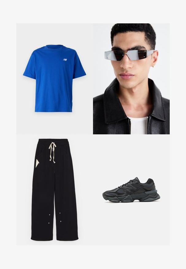 Juoda bomber tipo striukė su trumpintu siluetu, plačia apykakle, ribbinguotais rankogaliais ir užtrauktuku užsegama šonine kišene. Pagaminta iš glotnaus, lengvo audinio.; Mėlynas medvilninis marškinėliai su apvaliu iškirpimu ir trumpomis rankovėmis. Ant krūtinės yra mažas baltas "NB" logotipas. Paprastas dizainas, be raštų.; Juodos plačios kelnės, pagamintos iš minkštos medžiagos, su raišteliu juosmeniui, šoninėmis kišenėmis ir trikampiu akcentu kišeniu. Įtraukti sidabriniai detalės.; Juodas bėgimo batelis, pagamintas iš tinklinės ir sintetinės medžiagos, turintis stambų pado dizainą, kreivą formą ir ryškią prekės ženklą šone.; Kampinis pilkai tonuoti akiniai nuo saulės su sidabrinėmis detalėmis, prieš šviesų foną. Lęšiai turi unikalią geometrinę formą.