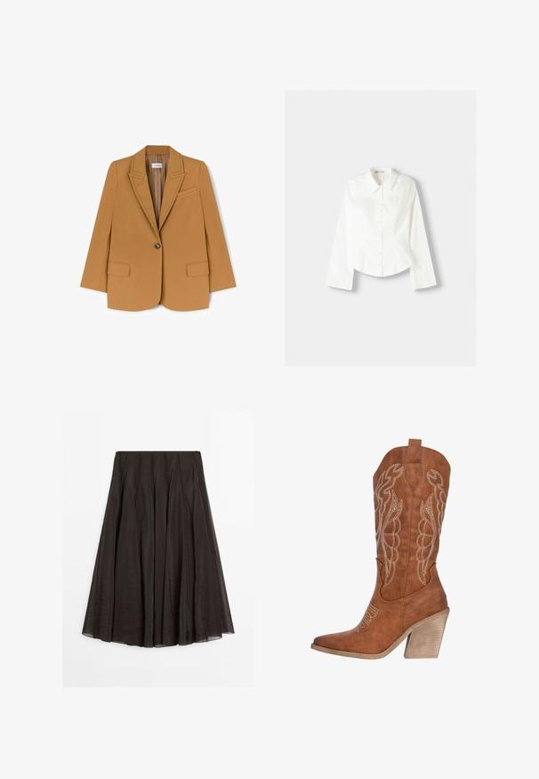 Blazer w kolorze camel, wykonany z gładkiego materiału, z klapami na zapięcie, jednego guzika i dwiema przednimi kieszeniami. Dopasowany krój z minimalnymi detalami.; Biała koszula z długim rękawem, z klasycznym kołnierzykiem, o strukturalnym kroju i subtelnymi pionowymi szwami dla dodatkowego detalu.; Ciemnobrązowa spódnica midi w kształcie litery A z pionowymi szwami, lekkiego materiału i z zamkiem błyskawicznym z tyłu.; Brązowy skórzany kowbojski but z białym haftem, szpiczasty czubek i teksturowany biały obcas. Posiada pętelkę do łatwego zakładania.