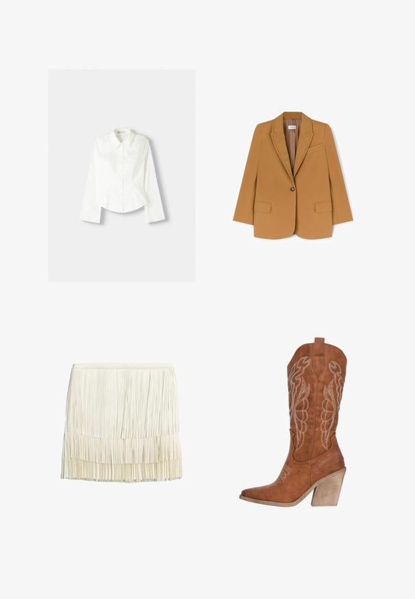 Camelkleurige blazer van soepel materiaal, met een gelapte kraag, een enkele knoopsluiting en twee voorkeuvels. Gepersonaliseerd ontwerp met minimale details.; Witte overhemdd met lange mouwen, voorzien van een klassieke kraag, gestructureerde pasvorm en subtiele verticale naden voor extra detail.; Franje rok in crème, gemaakt van gelaagde stofstrips. Voorzien van een aangesloten tailleband en een gestructureerd, gelaagd ontwerp met verticale franjes.; Bruine leren cowboylaars met witte borduursel, puntige neus en een gestructureerde blokhak. Bevat een lus voor eenvoudig aan- en uittrekken.