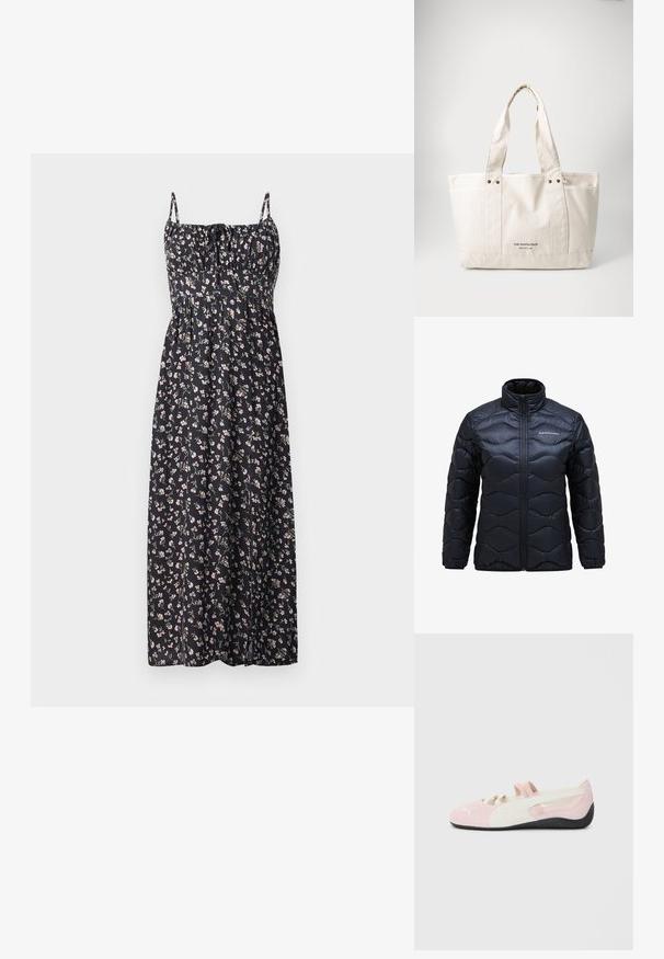 Polstrovaná čierna bunda s vysokým golierom, s vlnitým prešívaným vzorom a predným zipsom. Logo je potlačené na ľavom prsníku.; Kvetinové maxi šaty z čierneho materiálu s drobnými ružovými a bielymi kvetmi, nastaviteľné ramienka, nabrúsený korzet a splývavá sukňa.; Ružové semišové slip-on topánky s bielymi akcentmi, gumovou podrážkou a elastickými pásikmi. Obsahujú textúrovaný dizajn a malé logo na prednej strane.; Plátená taška v svetlosivobéžovej farbe s dvoma pevnýmii rúčkami, kontrastným bielym lemovaním a logom "THE NORTH FACE" v čiernej farbe na prednej strane.
