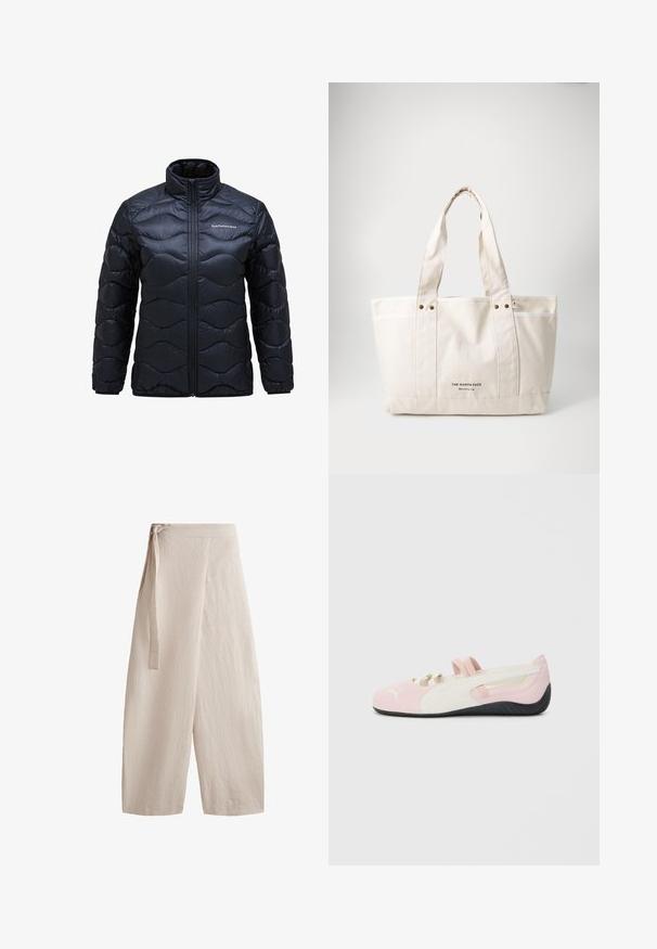 Podložena črna jakna z visokim ovratnikom, ki ima valovito prešito vzorčenje in sprednje zadrgo. Logotip natisnjen na levem prsnem delu.; Majica z dolgimi rokavi in krožnim izrezom v beli barvi z vodoravnimi črtami v mornarsko modri in zeleni barvi. Ima majhen vezena logotip na prsih.; Bež hlače širokih nogavic, izdelane iz teksturirane tkanine, s pasom za zavezovanje, visokim pasom in ohlapnim krojem s ravnimi nogavicami.; Roza semiš lahka čeveljka z belimi detajli, gumijastim podplatom in elastikami. Ima strukturirano zasnovo in majhen logotip spredaj.; Platnena torba v svetlem bežnem odtenku z dvema trdnima ročajema, kontrastnim belim robom in logotipom "THE NORTH FACE" v črni barvi na sprednji strani.