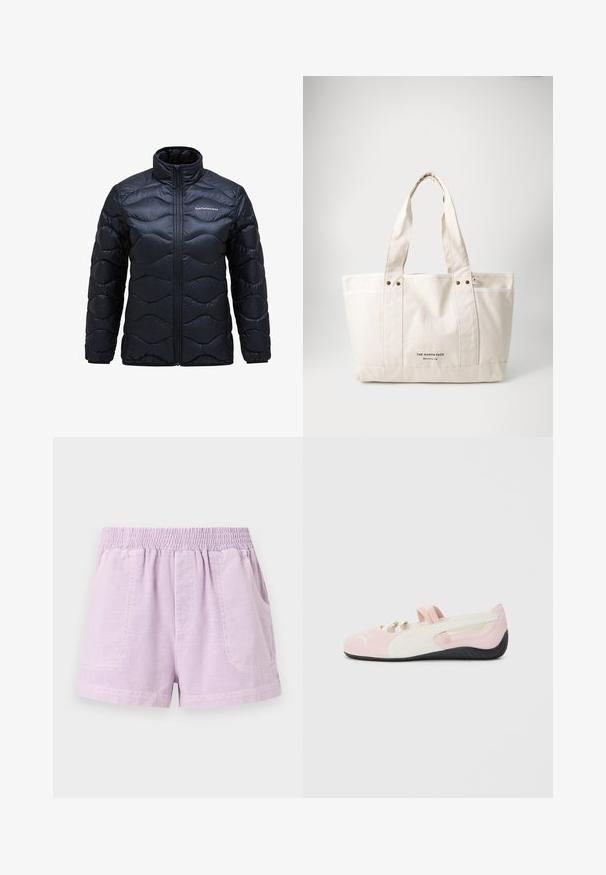 Pehmendatud must jakk kõrge kraega, millel on laineline tikandi muster ja ees luku sulgemine. Logo on trükitud vasakul rinnal.; Valge pikkade varrukatega T-särk, millel on horisontaalsed sinised ja rohelised triibud. Rinnal on väike brodeeritud logo.; Lilla lühikesed püksid, mis on valmistatud kerge kangaga, pa elastsetest pihikutest. Neil on kaks eesmist taskut ja lõdvestatud istuvus.; Roosa nahast libisemisega king, millel on valged detailid, kummist tald ja elastsed rihmad. Omab tekstureeritud mustrit ja väikest logo esiosas.; Kerge beeži kangast ostukott, millel on kaks tugevat kätet, kontrastne valge ääris ja must kiri "THE NORTH FACE" ees.