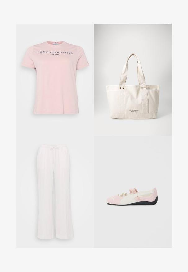 Mīksts melns jaka ar augstu apkakli, kas apdrukāta ar viļņveida adījumu un priekšējo rāvējslēdzēju. Logo uz kreisā krūša.; Gaiša rozā kokvilnas T-kreklā ar īsām piedurknēm, apaļu kakla izgriezumu un tumši zilu uzrakstu "TOMMY HILFIGER EST. 1985" krūšu daļā.; Bālti plašas bikses, izgatavotas no viegla auduma, ar elastīgu jostu un stieptvadu, kā arī vertikālām šuvēm, kas piešķir tekstūru.; Rozā zamša slēgtā tipa kurpe ar baltām akcentiem, gumijas zole un elastīgām siksnām. Iespējojusi teksturēts dizains un neliela logo priekšpusē.; Gaišbēšā krāsā auduma soma ar divām izturīgām rokturiem, kontrastējošu balto apdari un melno logotipu "THE NORTH FACE" priekšpusē.