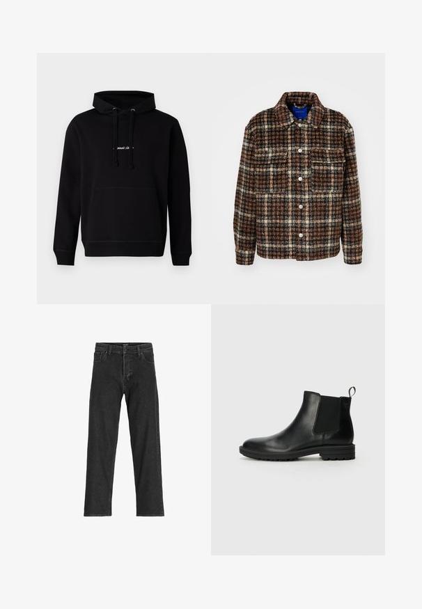 Giacca a scacchi in marrone, crema e blu navy. Realizzata in tessuto testurizzato con colletto, chiusura a bottoni e due tasche sul petto.; Felpa nera con cappuccio in cotone, dotata di tasca frontale, cordino per il cappuccio e un piccolo logo ricamato sul petto. Vestibilità classica con polsini a coste.; Jeans in denim nero con un design a gamba dritta, dotati di zip, passanti per cintura e sei tasche, realizzati in un resistente tessuto misto cotone.; Jack & Jones JFWHOSKINS - Stivaletti - anthracite