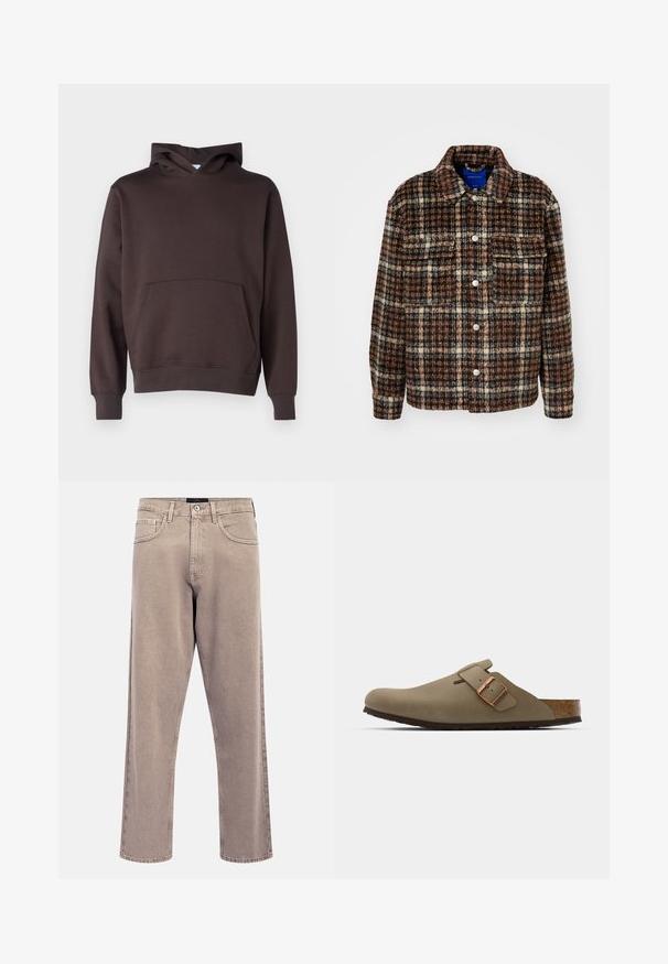 Veste à motifs vichy en marron, crème et bleu marine. Fabriquée en tissu texturé, avec un col, une fermeture à boutons et deux poches poitrine.; Sweatshirt à capuche marron en tissu doux, avec une poche avant, des poignets et un ourlet côtelés, et une coupe classique en A.; Jean beige clair à jambes droites avec une texture légèrement délavée, design à cinq poches et fermeture à bouton métal. Détails de couture prononcés.; Sabots bruns avec une finition lisse et mate. Présente une boucle en bronze proéminente sur le côté. Semelle intérieure en liège et semelle extérieure en caoutchouc pour le confort.