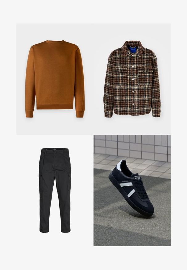 Veste à motifs vichy en marron, crème et bleu marine. Fabriquée en tissu texturé, avec un col, une fermeture à boutons et deux poches poitrine.; Sweatshirt brun à col rond avec une texture douce, des poignets et un ourlet côtelés. Design simple, sans motifs ni accents, fabriqué à partir de matériau durable.; Pantalons cargo noirs en tissu résistant, dotés de plusieurs poches, d'une fermeture par bouton et d'une coupe slim avec des jambes fuselées.; Sneaker en cuir noir avec des rayures blanches, semelle en caoutchouc texturée et devant à lacets. Présente une étiquette de marque sur la languette.