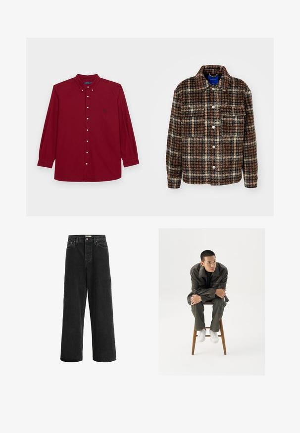 Checkered jacket in brown, cream, and navy. Made of textured fabric with a collar, button closure, and two chest pockets.; Polo Ralph Lauren Big & Tall GARMENT-DYED OXFORD SHIRT - Shirt - red carpet; Black wide-leg jeans made from denim fabric. Features a high waist, two front pockets, a button closure, and subtle stitching details.; Brown leather jacket with a wide collar, paired with dark green jeans and white sneakers. The model sits on a wooden stool.