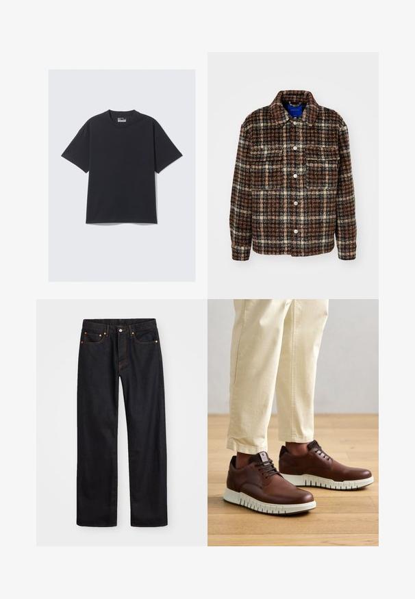 Ruuduline jakk pruunis, kreemis ja meresinises. Valmistatud struktureeritud kangast, millel on krae, nööpide sulgemine ja kaks rinnaTaskut.; Musthave mustrõngastee kaelusega must puuvillane T-särk, lühikeste varrukatega ja mugava lõikega. Sujuv tekstuur, minimaalne õmblusdetail.; Meeste sirge jala mustad denim teksad viie taskuga, oranž õmblus, nupu ja tõmblukuga ees nagu vöökoht.; Pruunid nahast kingad valge tallaga, millel on ümar varvas, nööpidega kinnitamine ja tekstuuriga sooned talla ääres.
