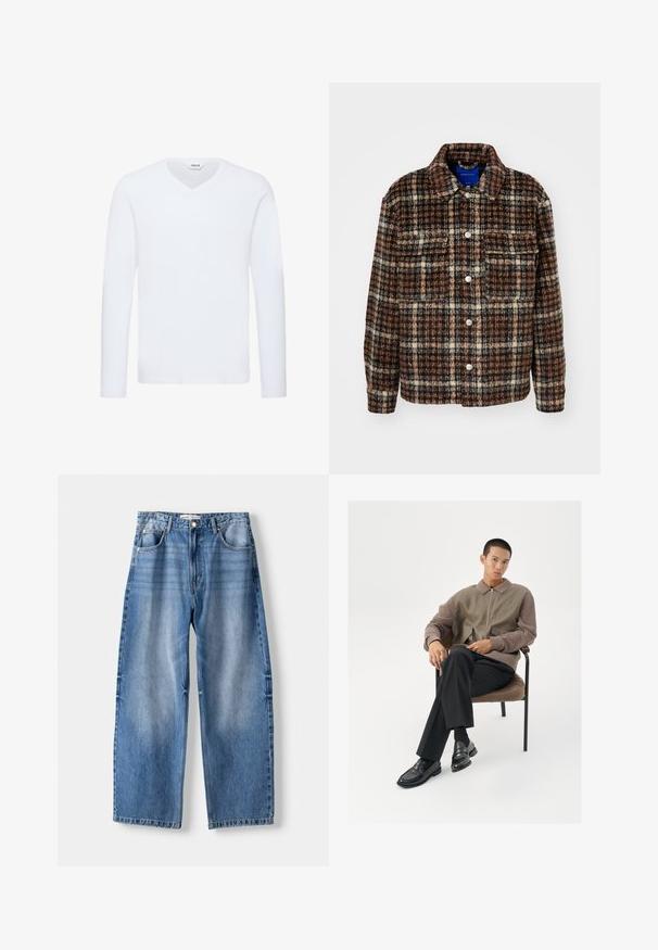 Kostkovaná bunda v hnědé, krémové a námořnické modři. Vyrobena z texturované látky s límcem, zapínáním na knoflíky a dvěma náprsními kapsami.; Bílý dlouhý rukáv, tričko s výstřihem do V vyrobené z jemné bavlněné směsi. Má hladkou texturu a rovný lem s minimálním zdobením.; Světle modré džínové kalhoty širokého střihu s vysokým pasem, mají pět kapes, zapínání na knoflík a viditelné švy.; Pánská bunda na zip v zemitých tónech, s texturovanou tkaninou a velkými kapsami. Úzké černé kalhoty a leštěné černé mokasíny.
