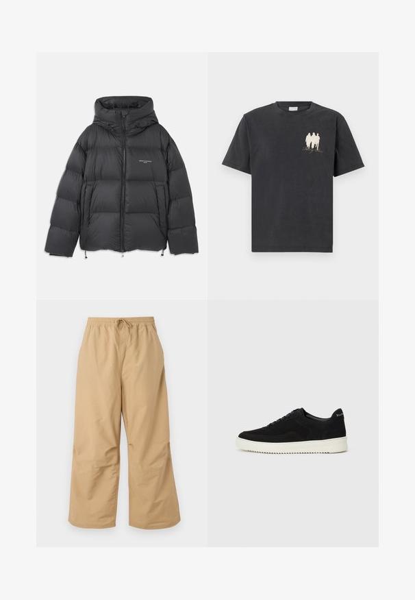 Czarna kurtka puchowa z wysokim kołnierzem i kapturem, pikowany wzór, zamek błyskawiczny z przodu oraz regulowane sznurki u dołu i przy kapturze.; Czarna bawełniana koszulka z krótkim rękawem, z małym białym graficznym motywem trzech postaci oraz napisem "Falling Roses" po lewej stronie.; Beżowe spodnie typu wide-leg wykonane z lekkiego materiału, z elastycznym paskiem w talii z sznurkiem oraz przeszyciami w okolicy dołu.; Czarne zamszowe sneakersy z designem na sznurówki i kontrastującą białą gumową podeszwą. Posiadają teksturowane boczne panele oraz subtelne logo na pięcie.